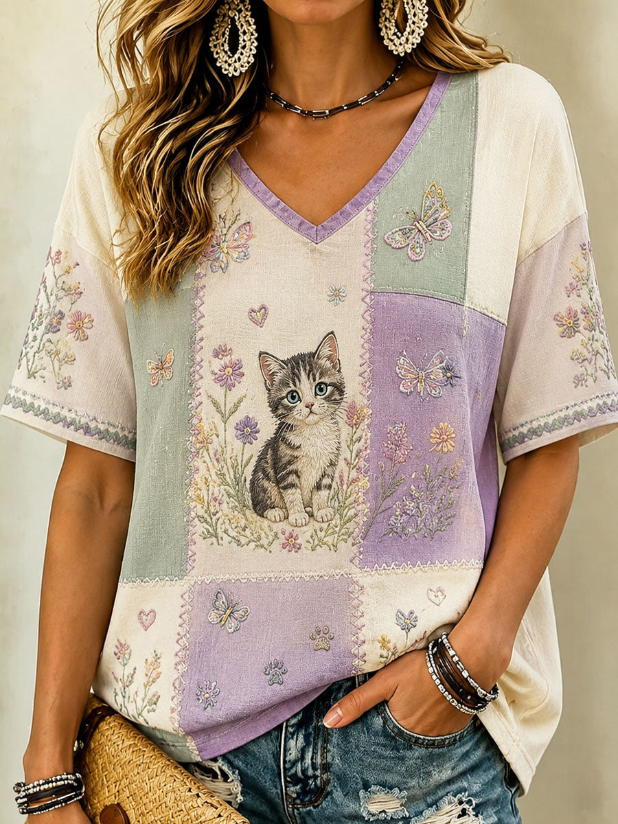 Dames-T-shirt met kattenliefhebbersthema, bloemenprint, v-hals, casual stijl