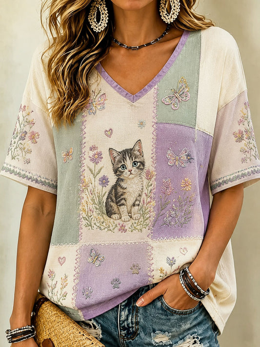 Dames-T-shirt met kattenliefhebbersthema, bloemenprint, v-hals, casual stijl