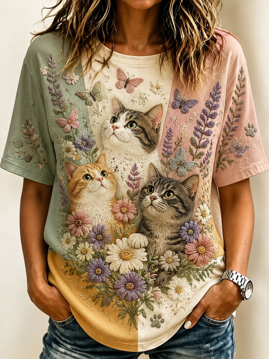 Dames-T-shirt met kattenmotief en bloemenprint voor vrijetijdsgebruik