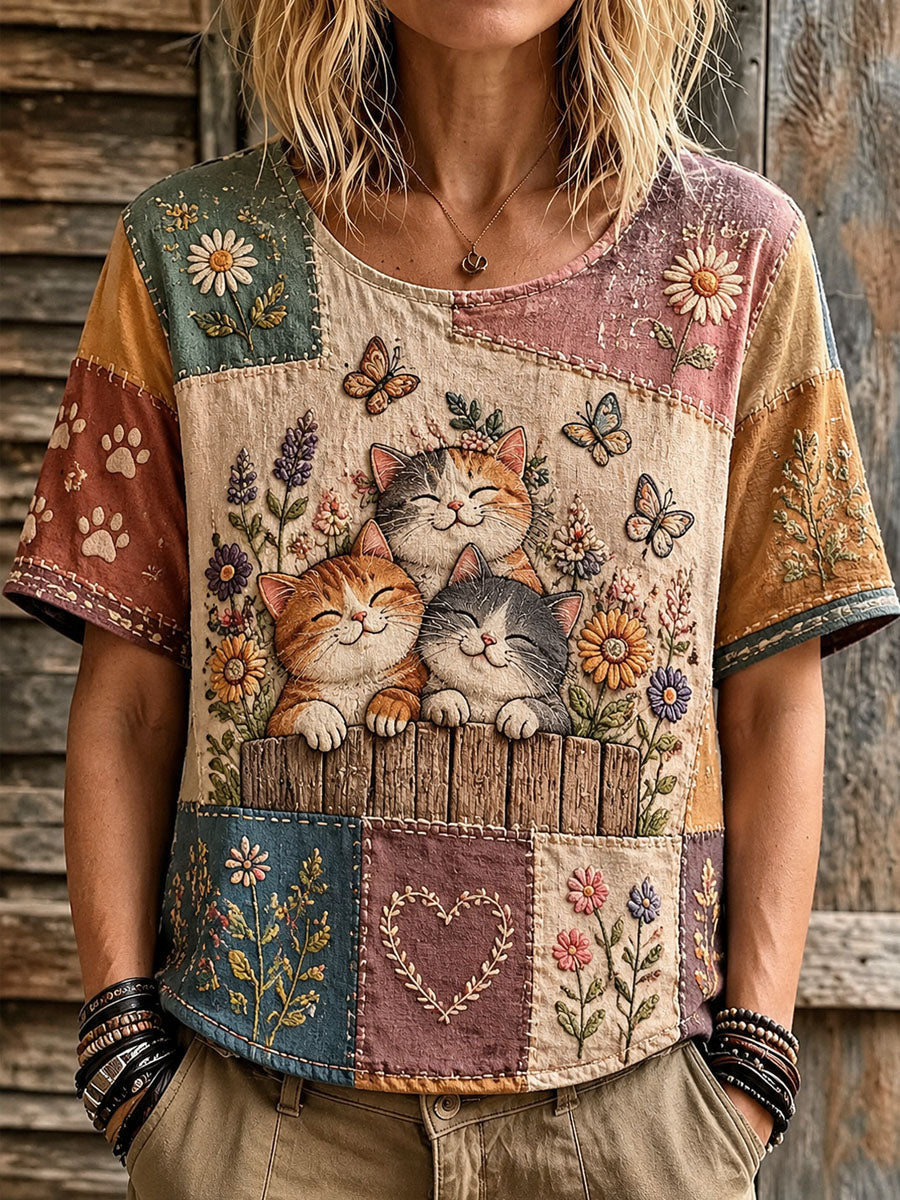Dames-T-shirt met kattenmotief en bloemenprint voor vrijetijdsgebruik
