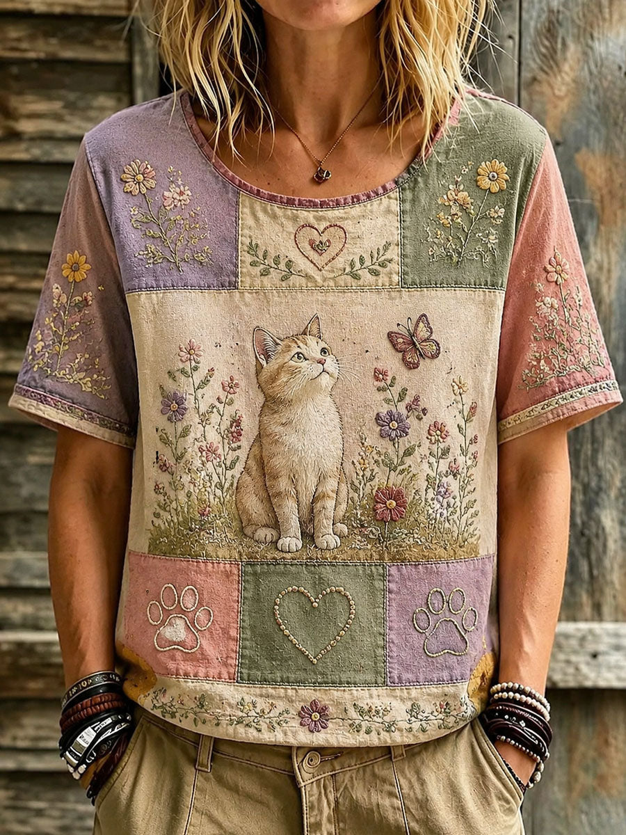 Dames-T-shirt met kattenmotief en bloemenprint voor vrijetijdsgebruik