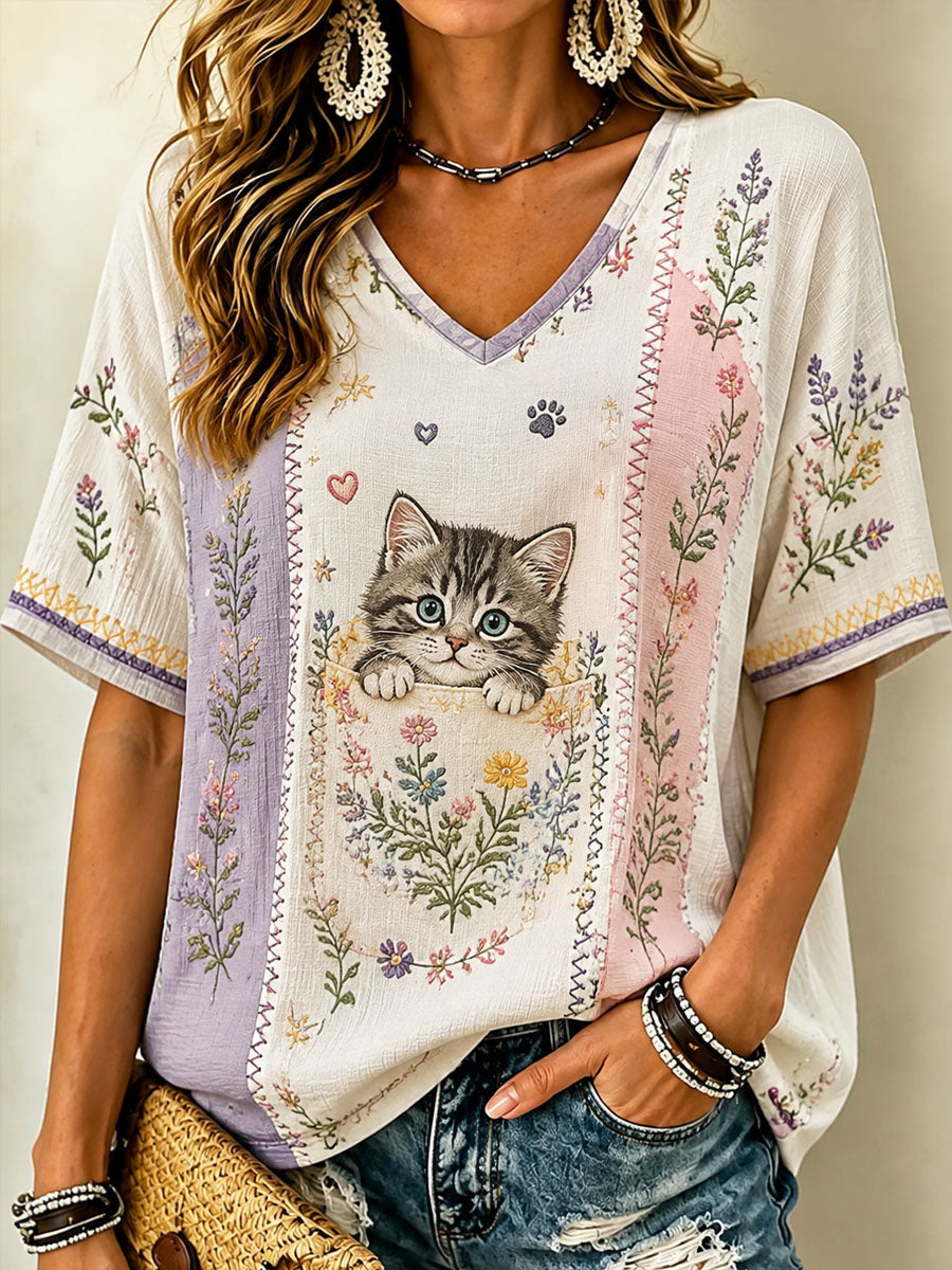 Dames-T-shirt met kattenliefhebbersthema, bloemenprint, v-hals, casual stijl