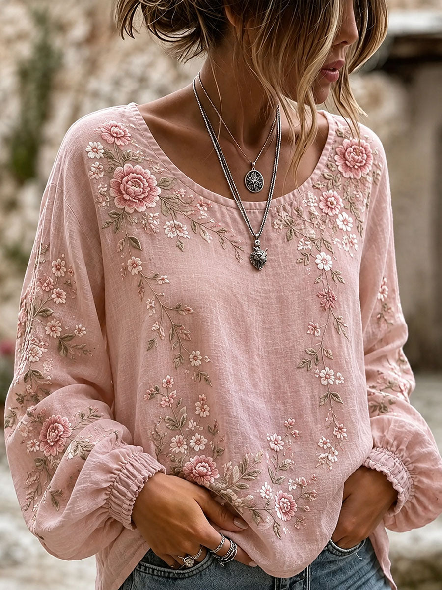 Dames katoen-linnen bloemenshirt