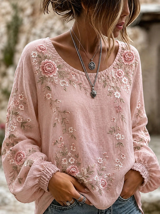 Dames katoen-linnen bloemenshirt