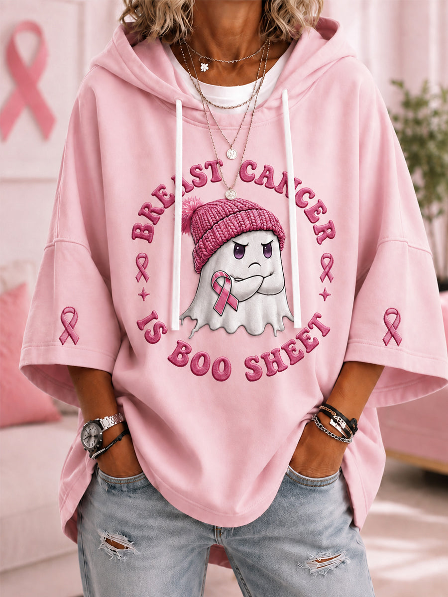 Dames-hoody met korte mouwen en spookprint in roze voor borstkankerbewustwording en -ondersteuning, met het opschrift ‘Boo’ voor Halloween