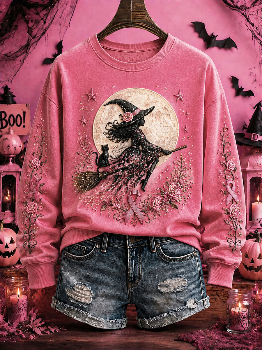 Dames borstkanker bewustzijn Halloween heks-thema casual regelmatig sweatshirt