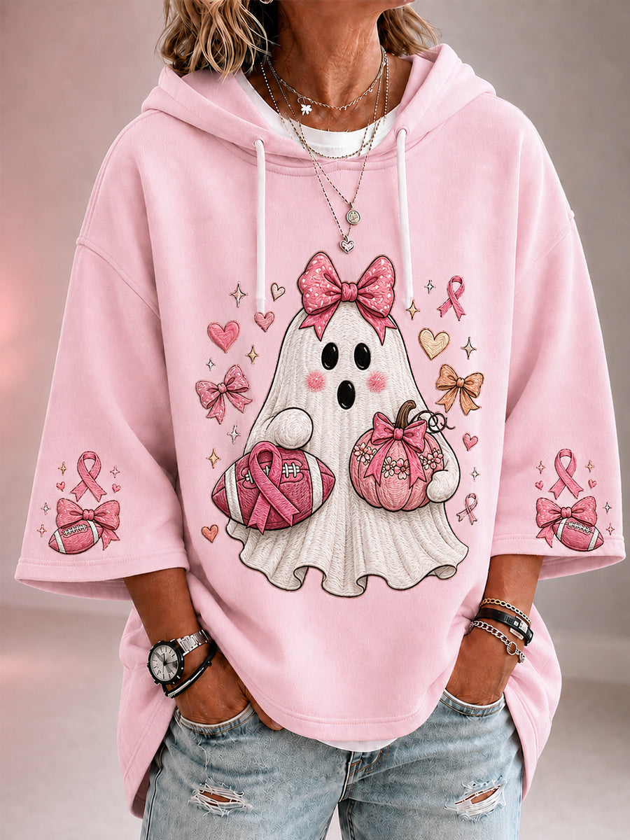 Vrouwen In oktober dragen we roze Halloween-roze spookprint borstkankerbewustwordingsondersteuning hoodie met driekwartmouwen