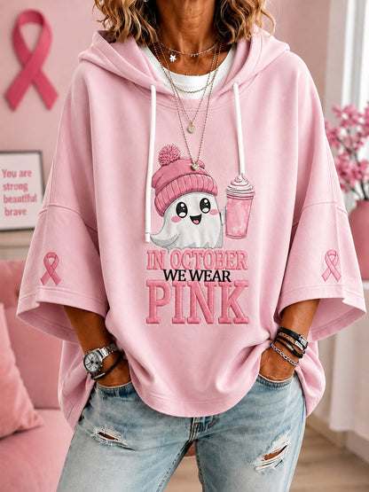 Vrouwen In oktober dragen we roze Halloween-roze spookprint borstkankerbewustzijnsteun hoodie met korte mouwen