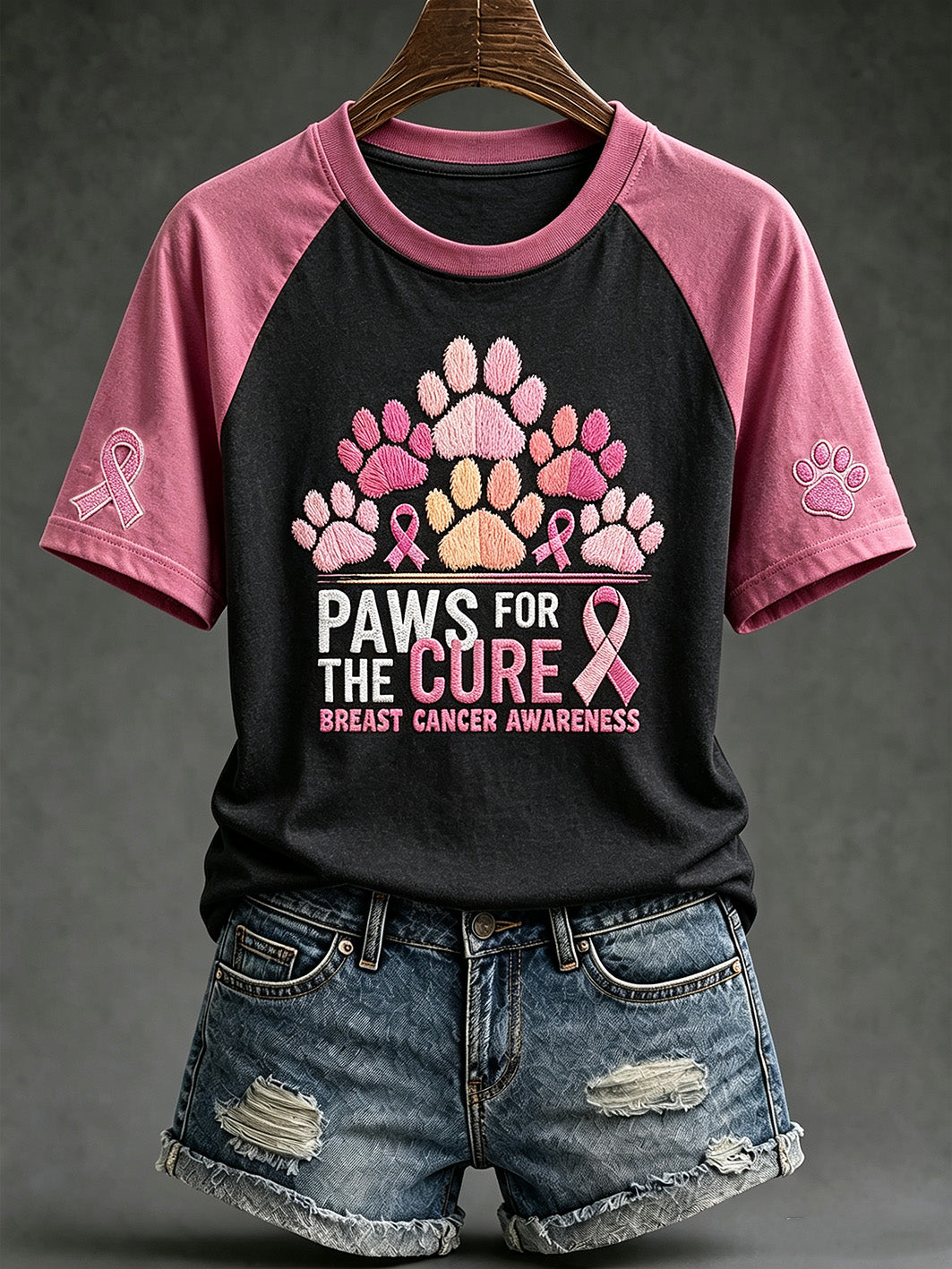 Dames-T-shirt met korte mouwen, casual, met hondendessin en de slogan ‘Paws For rond het thema borstkanker
