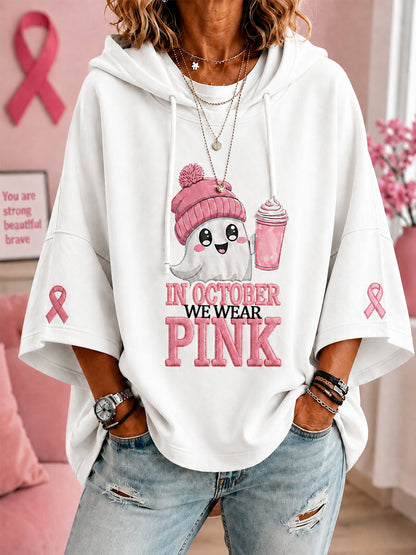 Vrouwen In oktober dragen we roze Halloween-roze spookprint borstkankerbewustzijnsteun hoodie met korte mouwen