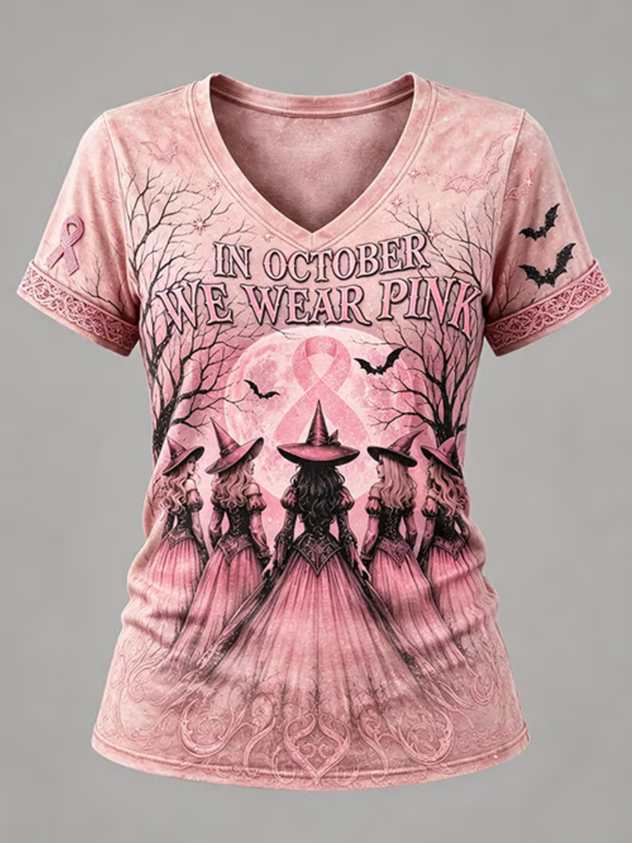 Dames-T-shirt met korte mouwen en Halloween-print met borstkankerthema