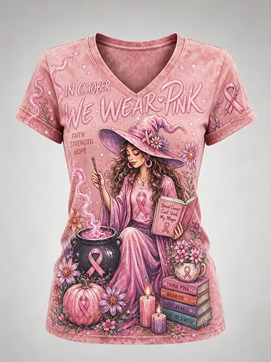 Dames-T-shirt met korte mouwen en Halloween-print met borstkankerthema