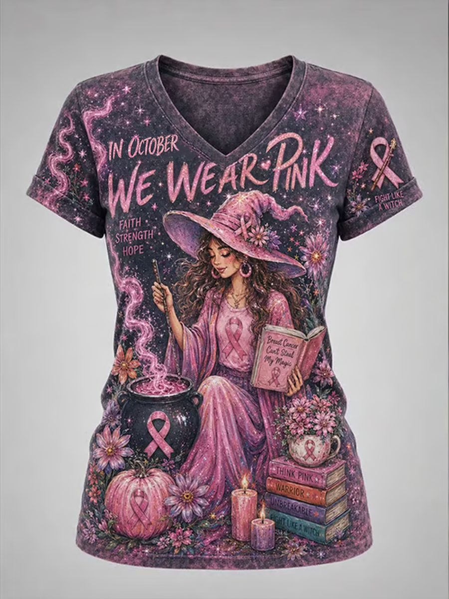 Dames-T-shirt met korte mouwen en Halloween-print met borstkankerthema