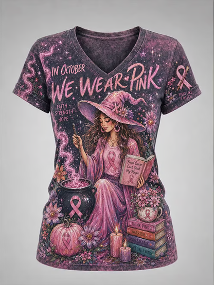 Dames-T-shirt met korte mouwen en Halloween-print met borstkankerthema