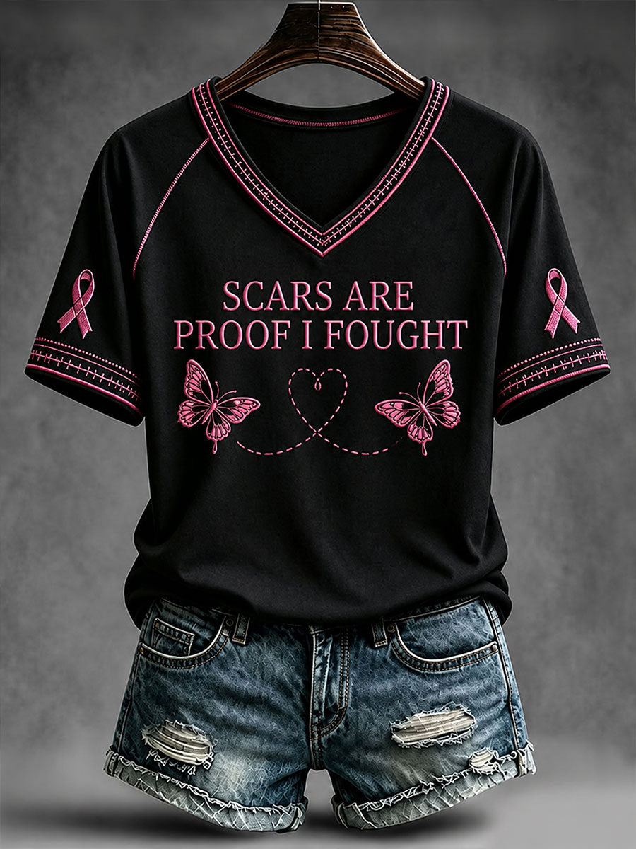 Scars voor dames zijn het bewijs dat ik een T-shirt met V-hals heb bestreden