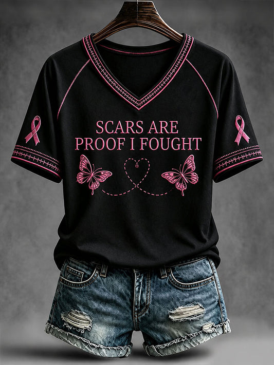 Scars voor dames zijn het bewijs dat ik een T-shirt met V-hals heb bestreden