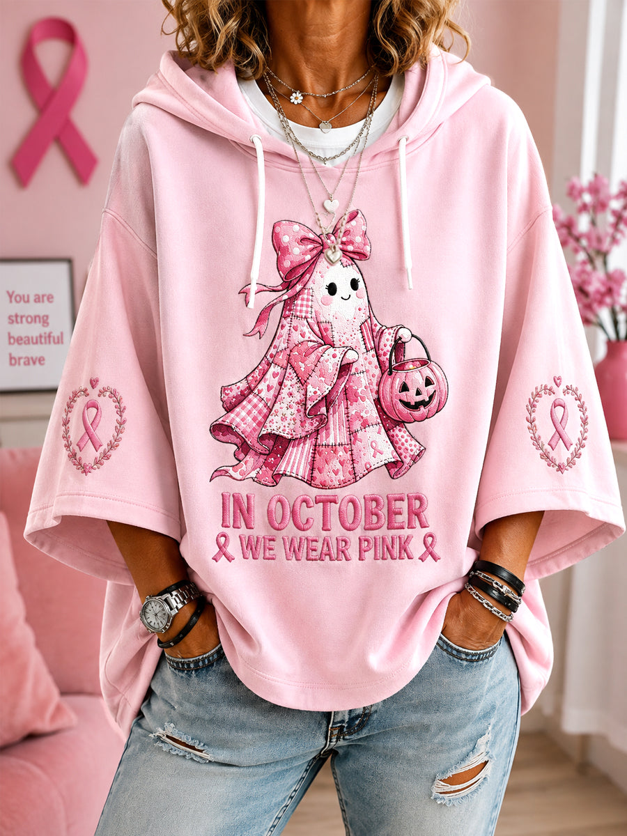 Vrouwen In oktober dragen we roze Halloween-roze spookprint borstkankerbewustwordingsondersteuning hoodie met driekwartmouwen