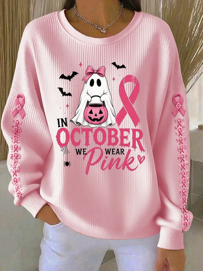 Dames-sweatshirt met geribde ronde hals, in oktober dragen we roze