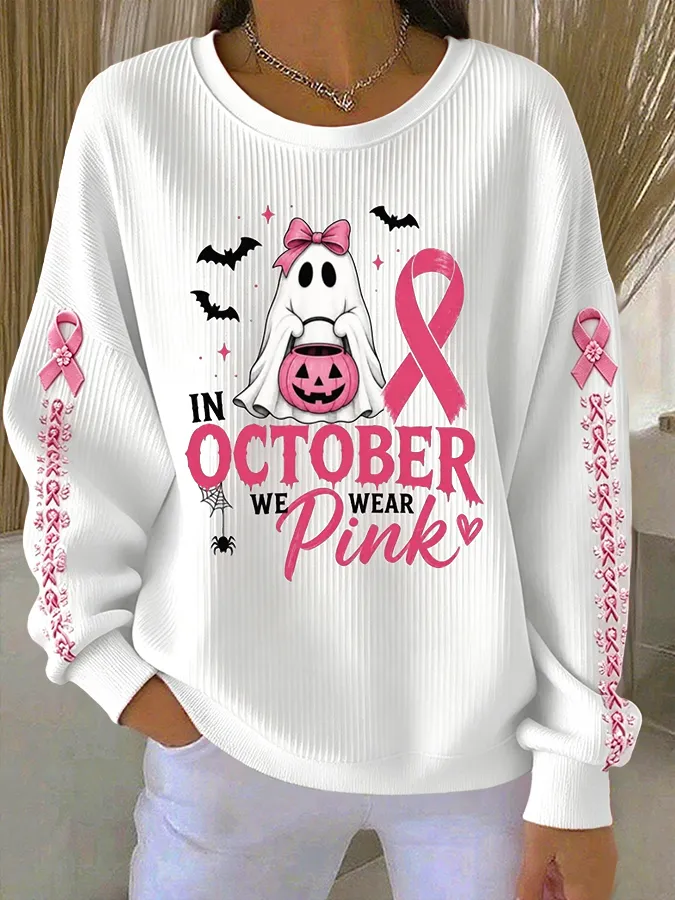 Dames-sweatshirt met geribde ronde hals, in oktober dragen we roze