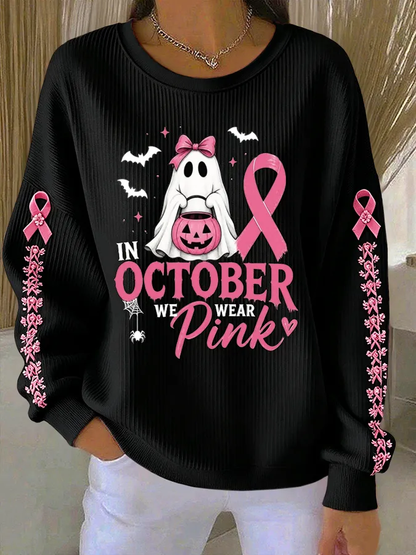 Dames-sweatshirt met geribde ronde hals, in oktober dragen we roze