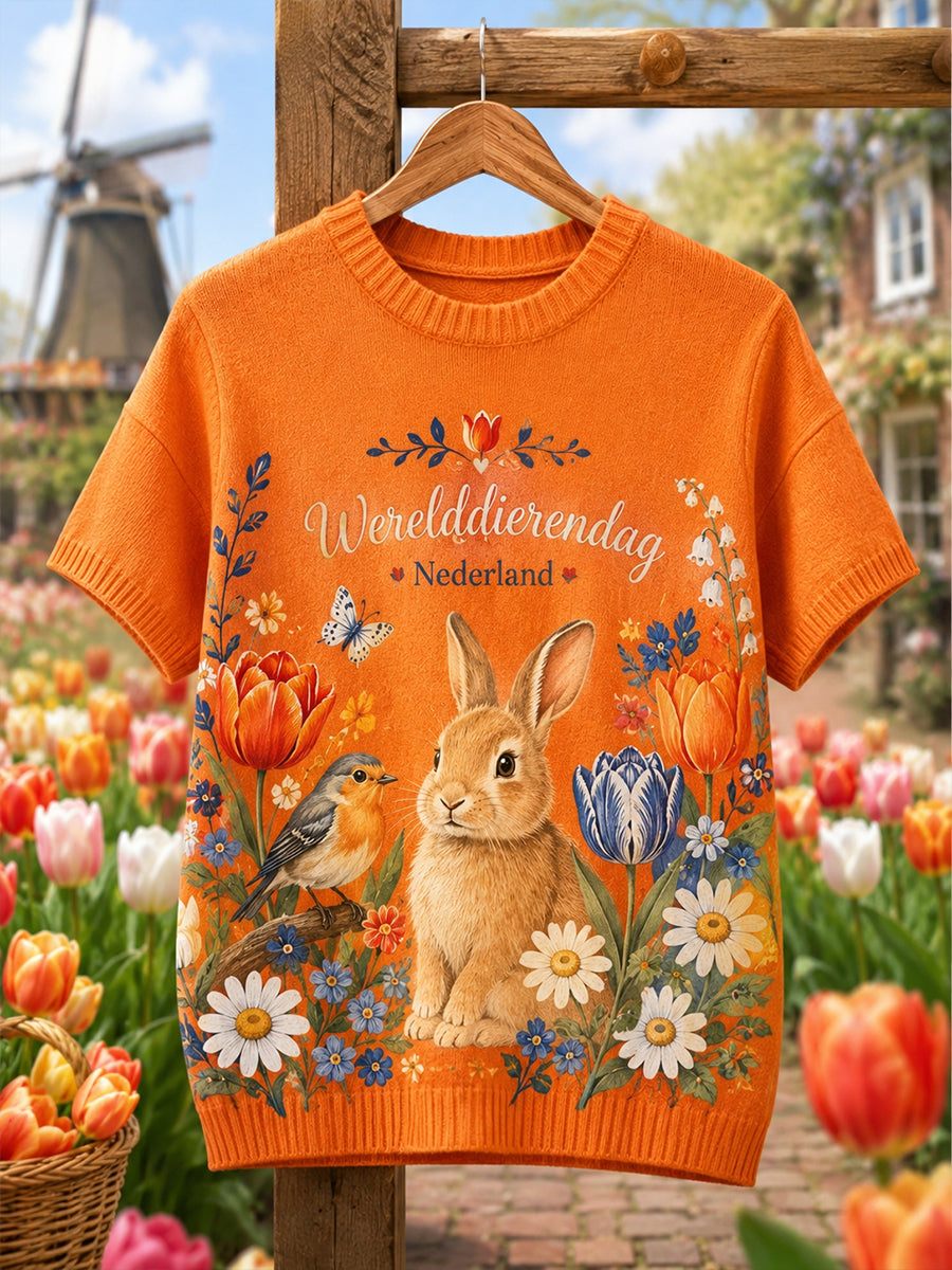 Dames Wereld Dierendag Grafische Print Korte Mouwen Gebreid T-shirt