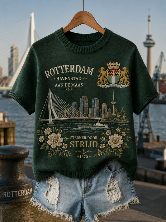 Damesgebreid topje met korte mouwen en grafische print met stadsaandenkingen