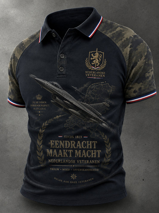 Herenpoloshirt met korte mouwen en vintage militair herdenkingsmotief