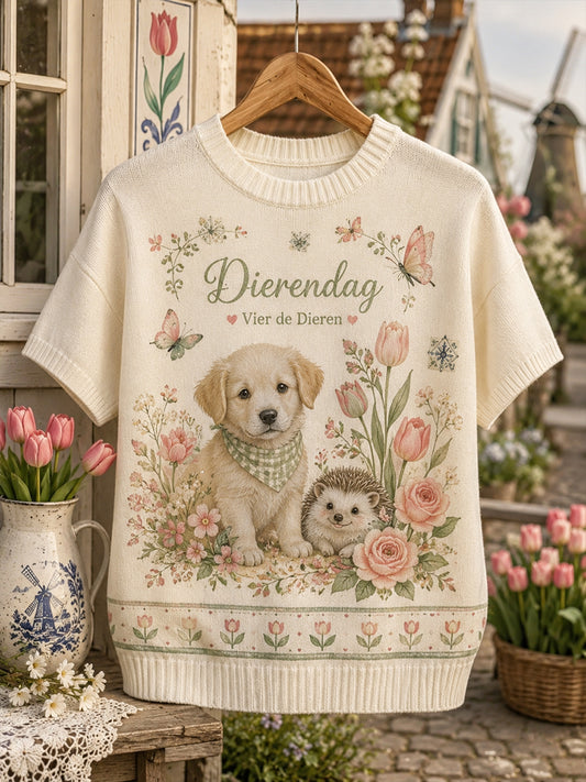 Grafisch bedrukt gebreid t-shirt met korte mouwen voor de Werelddierendag van vrouwen
