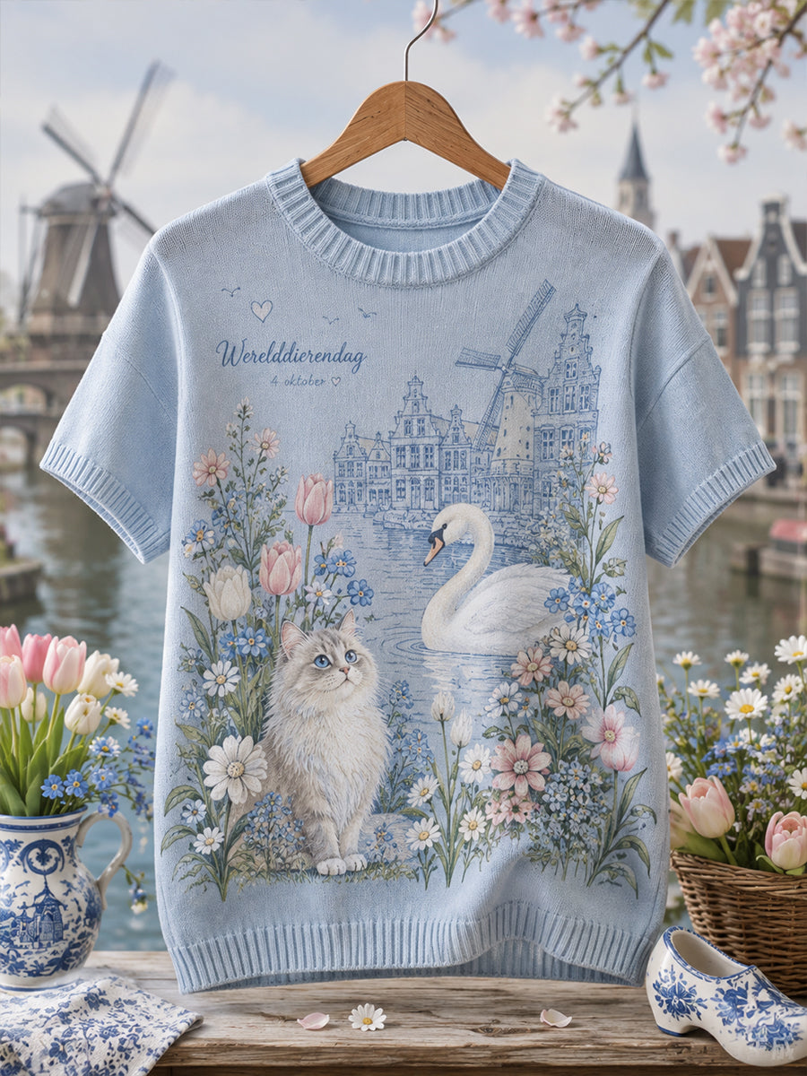 Grafisch bedrukt gebreid t-shirt met korte mouwen voor de Werelddierendag van vrouwen