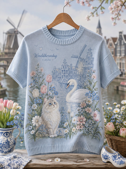 Grafisch bedrukt gebreid t-shirt met korte mouwen voor de Werelddierendag van vrouwen