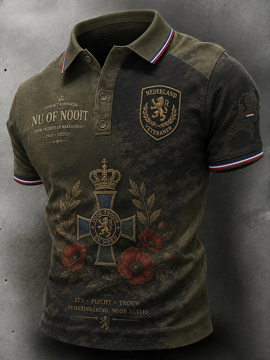 Herenpoloshirt met korte mouwen en vintage militair herdenkingsmotief