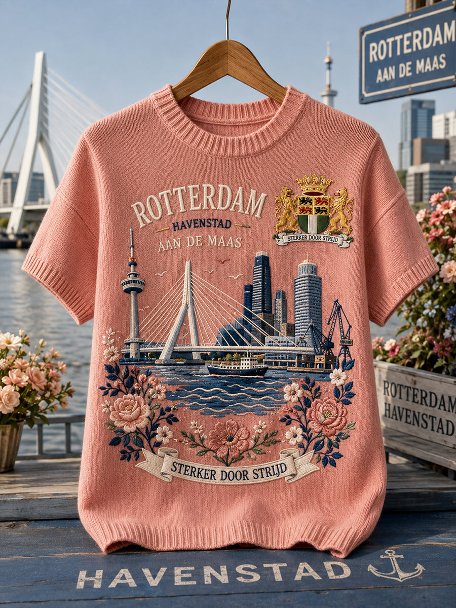 Damesgebreid topje met korte mouwen en grafische print met stadsaandenkingen