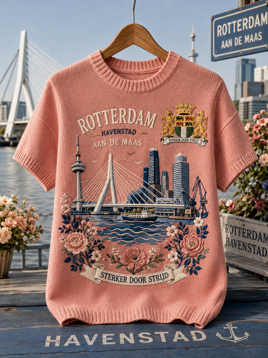 Damesgebreid topje met korte mouwen en grafische print met stadsaandenkingen