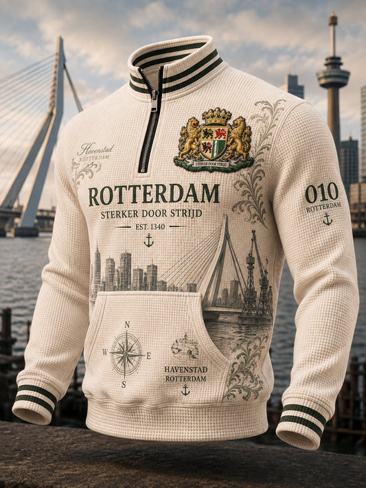 Herenhemd van wafelbreiwerk met lange mouwen en grafische stadscommemoratieprint