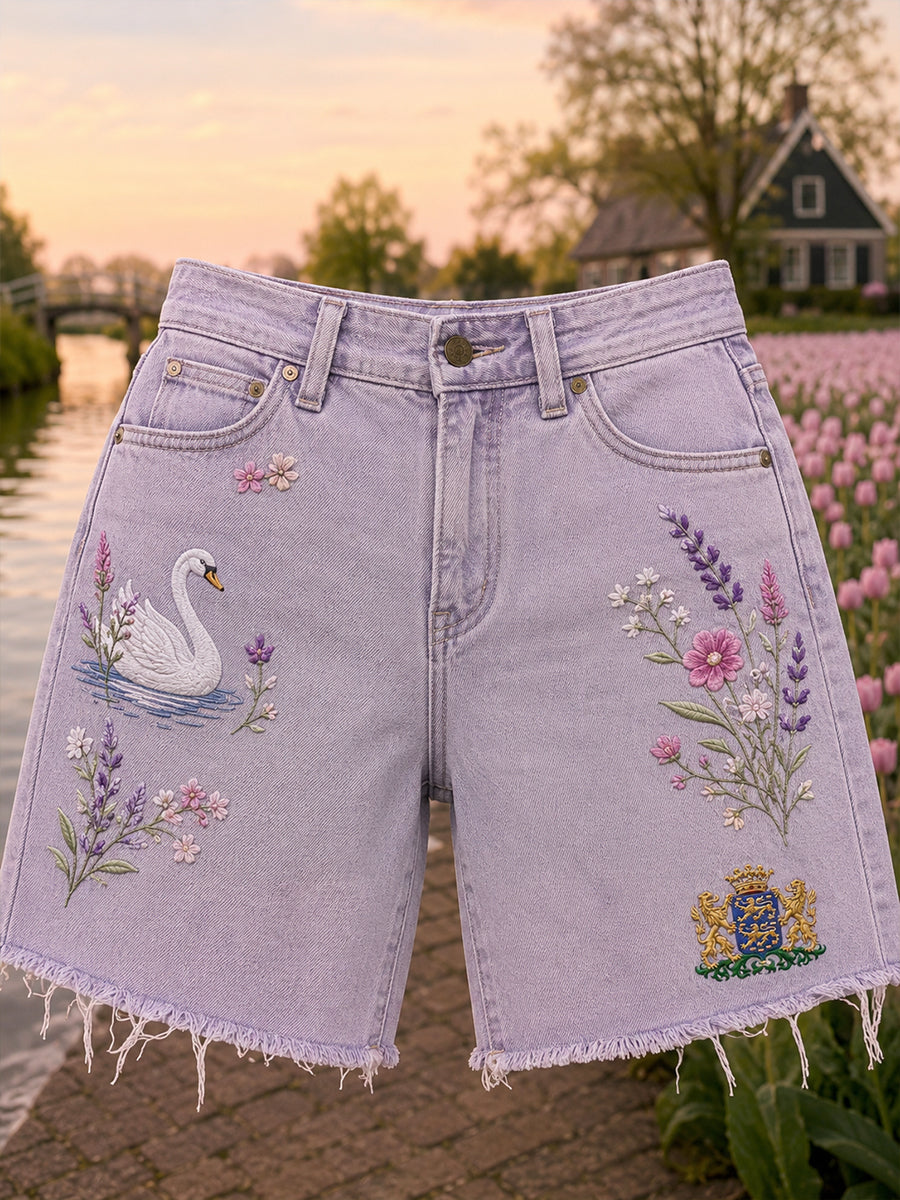 Damesspijkerkorte broek met stadsprint en dieren- en bloemenmotieven