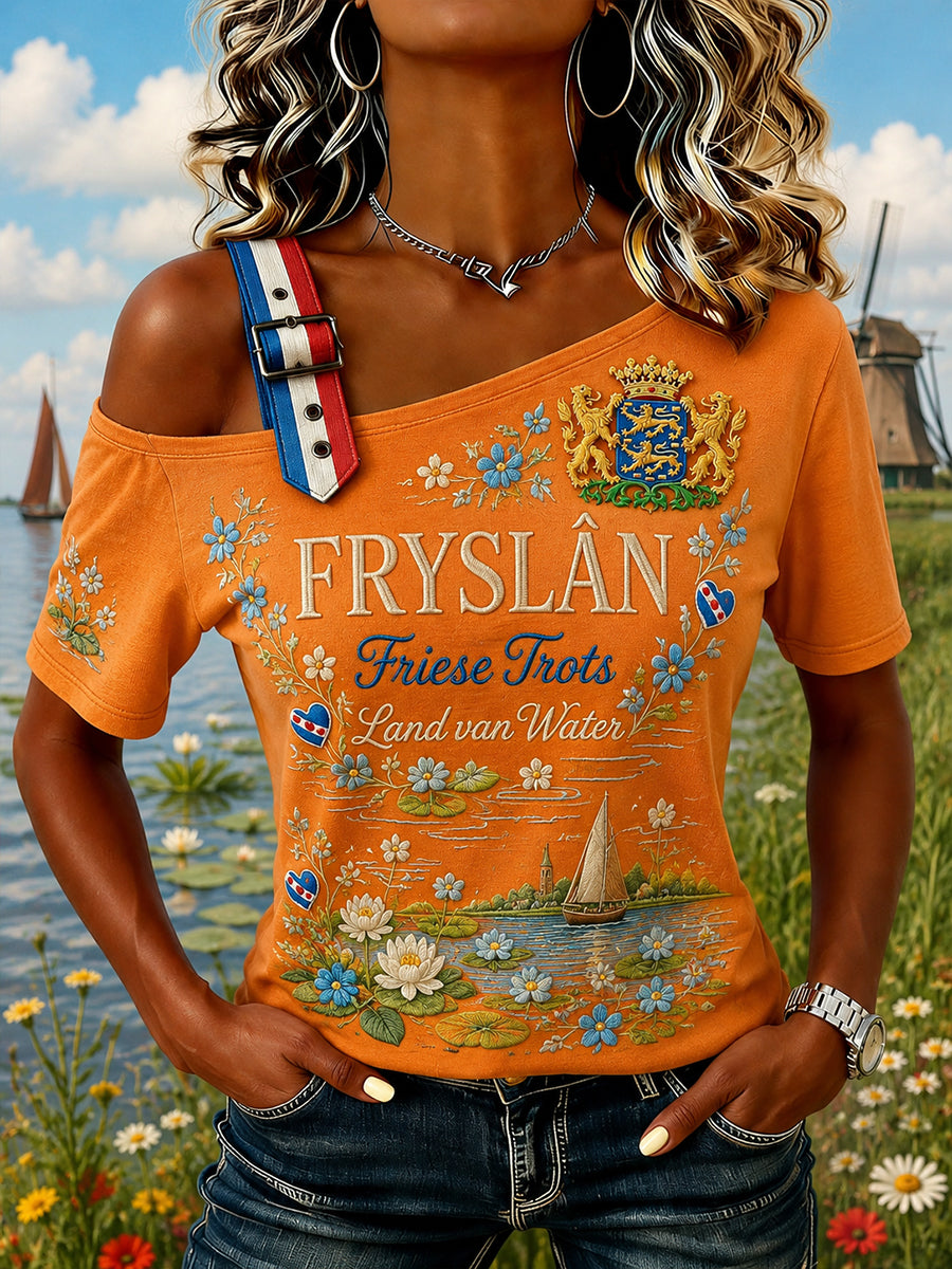 Dames-T-shirt in urban stijl met korte mouwen en off‑shoulder look, voorzien van een dieren‑ en bloemenprint