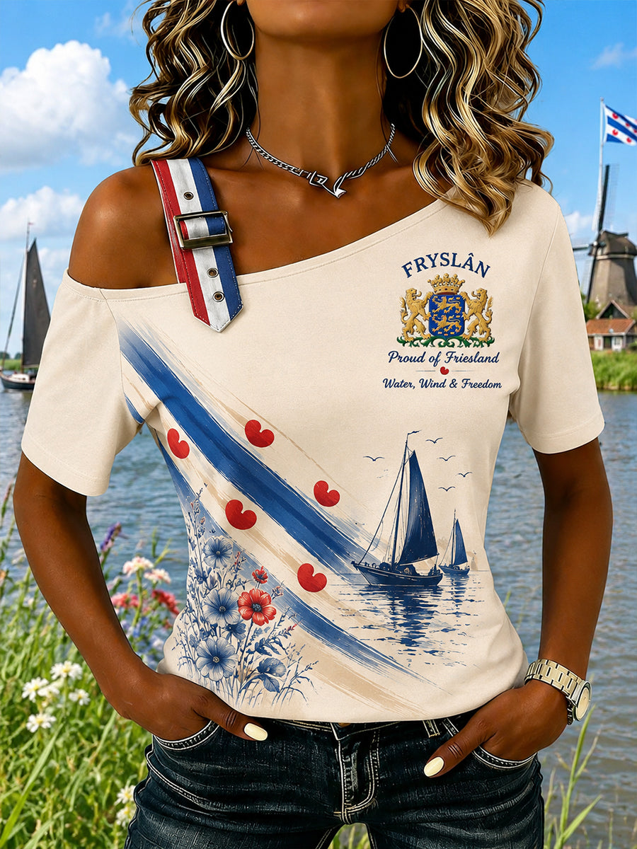 Vrouwen Urban-Stijl Korte Mouw Off-Schouderhemdje-Look T-shirt met Dierlijke en Bloemenprint