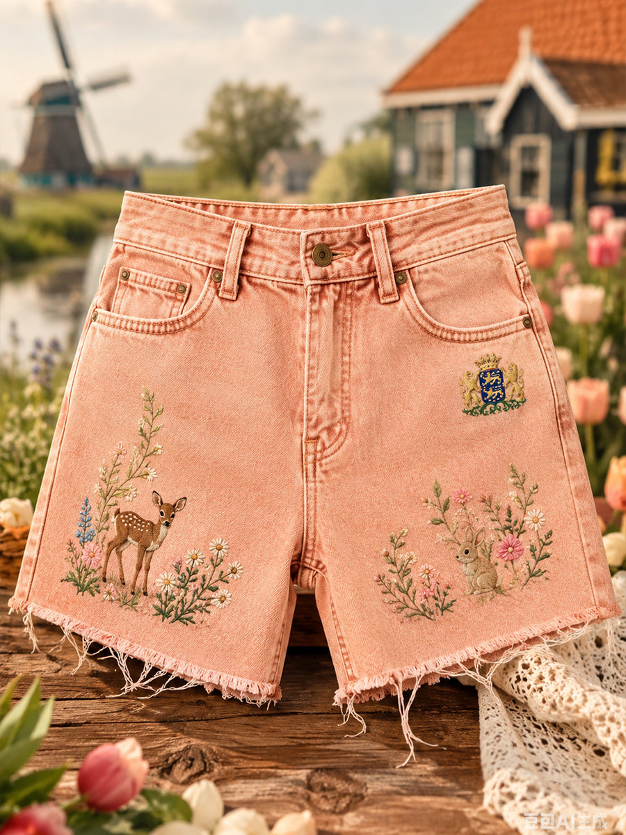 Dames denim korte broek met stadstemen en bloemen