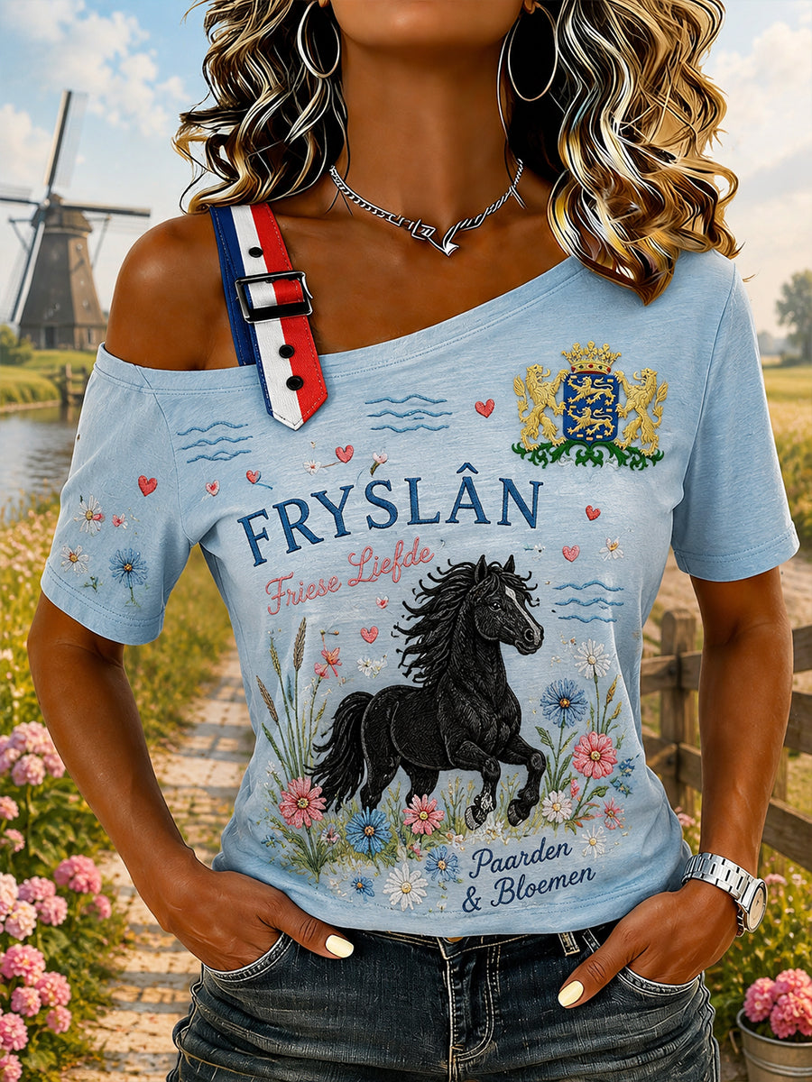 Dames-T-shirt in urban stijl met korte mouwen en off‑shoulder look, voorzien van een dieren‑ en bloemenprint