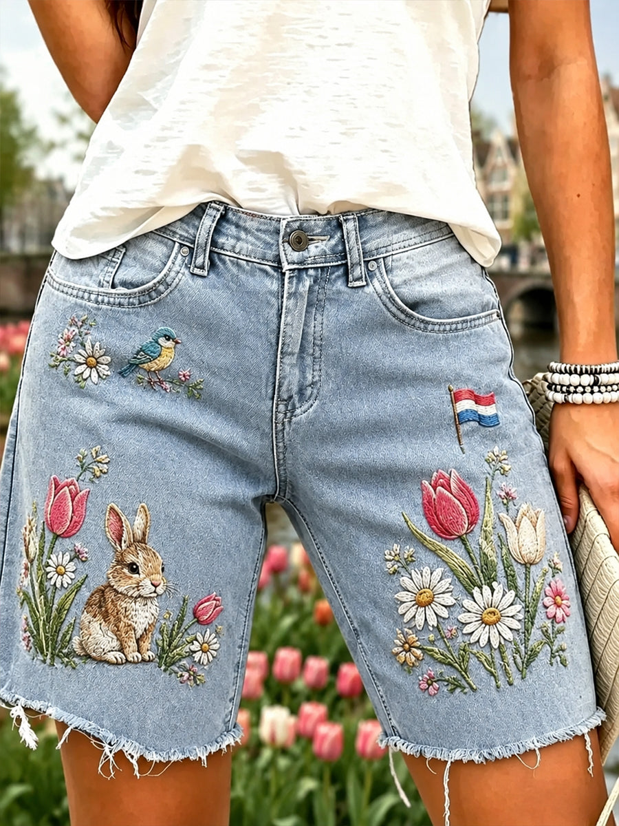 Denim korte broek met grafische print voor de Werelddierendag van vrouwen