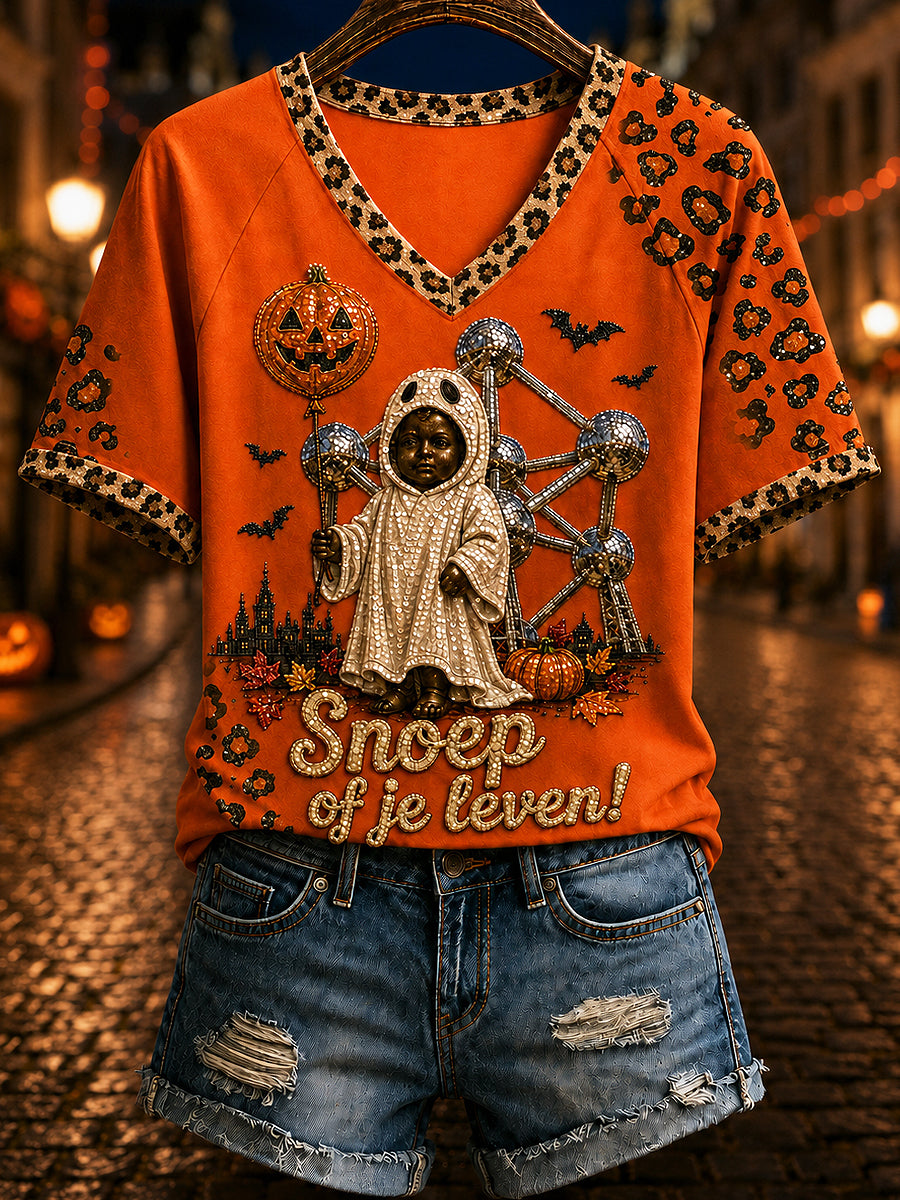 Dames T-shirt in vintagestijl met Belgisch Halloween‑motief, losvallend, korte mouwen