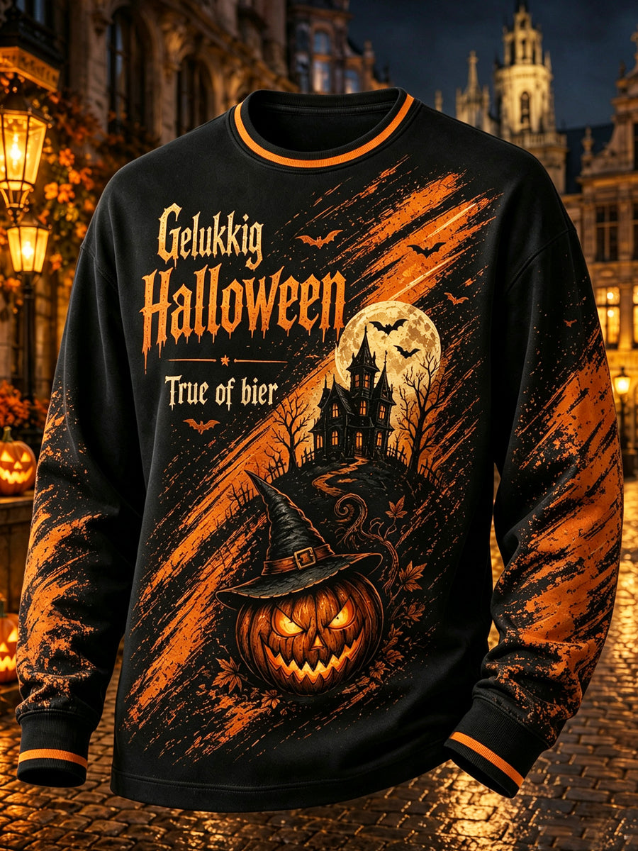 Heren-T-shirt met lange mouwen en ronde hals, versierd met een Halloween-ontwerp van België