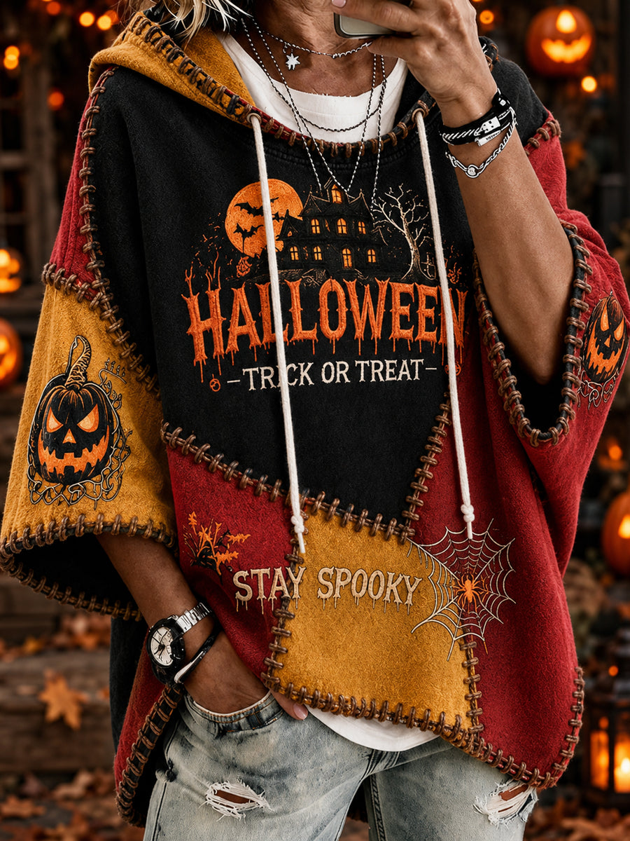 Dames-sweatshirt met ronde hals en driekwartmouwen, versierd met een Belgisch Halloween-motief