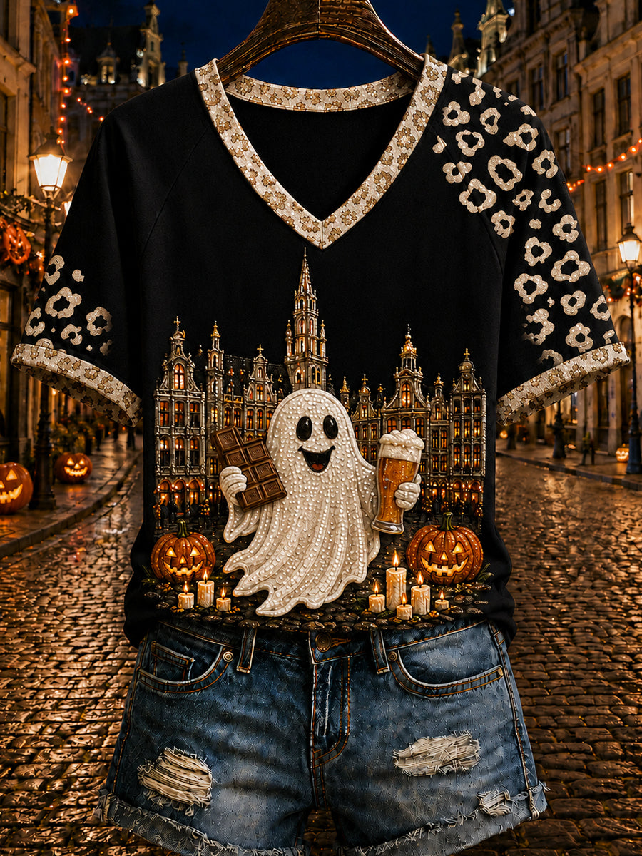 Dames T-shirt in vintagestijl met Belgisch Halloween‑motief, losvallend, korte mouwen