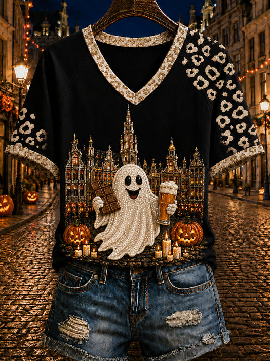 Dames T-shirt in vintagestijl met Belgisch Halloween‑motief, losvallend, korte mouwen