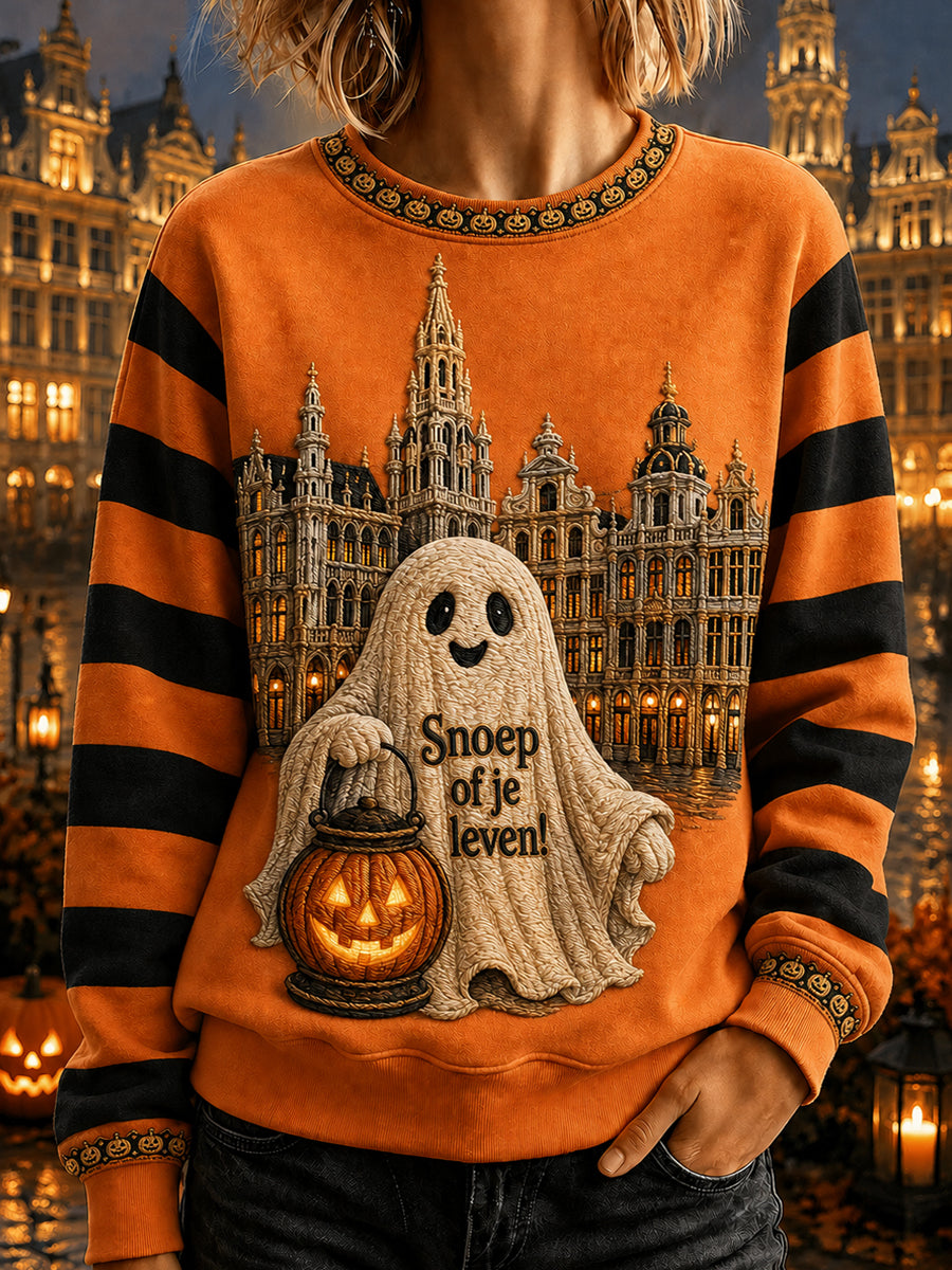 Dames-België-halloweenprint sweatshirt met ronde hals en lange mouwen