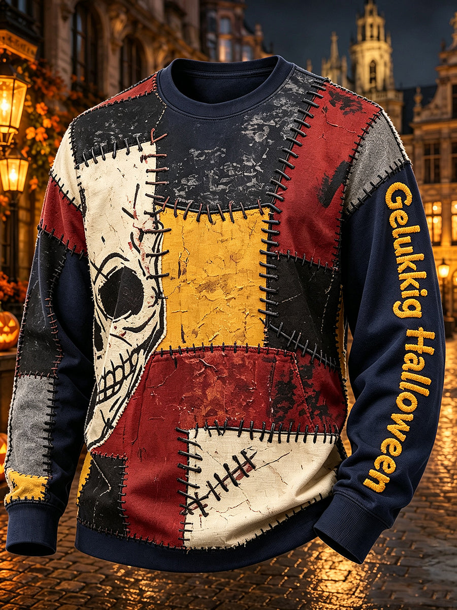 Heren-T-shirt met lange mouwen en ronde hals, versierd met een Halloween-ontwerp van België