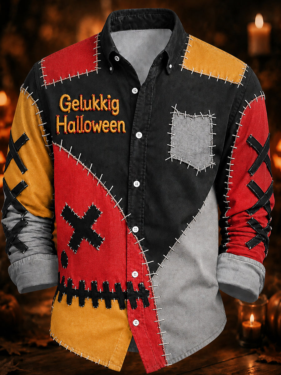 Herenoverhemd met Belgisch Halloween‑motief en lange mouwen, casual stijl