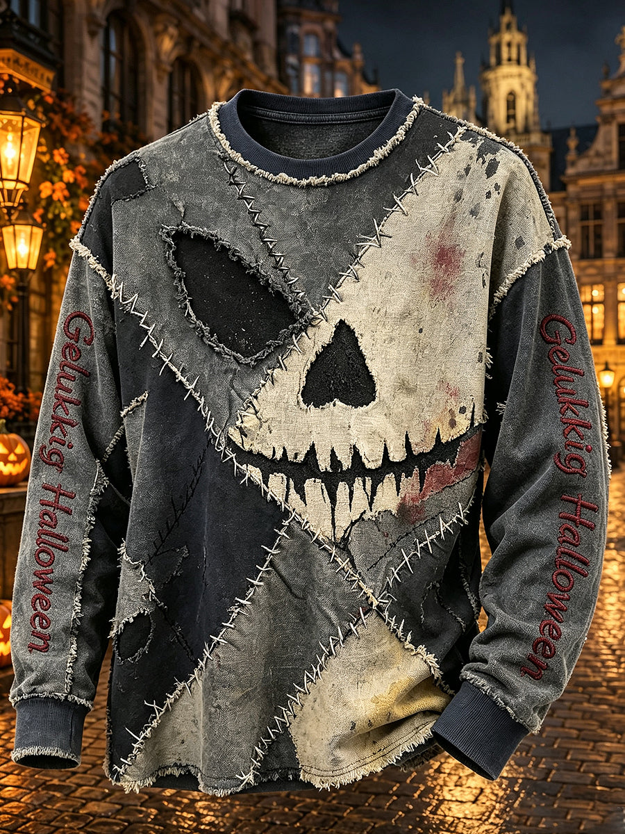 Heren-T-shirt met lange mouwen en ronde hals, versierd met een Halloween-ontwerp van België