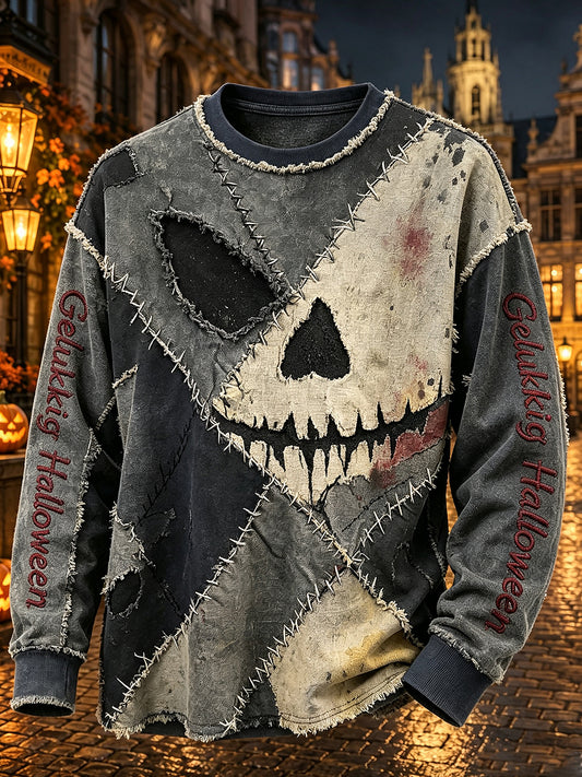 Heren-T-shirt met lange mouwen en ronde hals, versierd met een Halloween-ontwerp van België